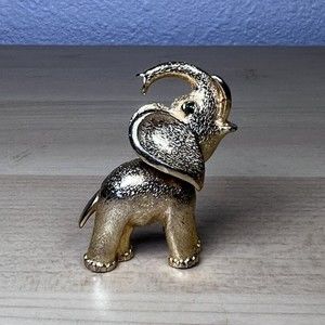 Vintage Gold Tone Elephant Bobble Head Metal Brooch Pin Green Rhinestone Eye